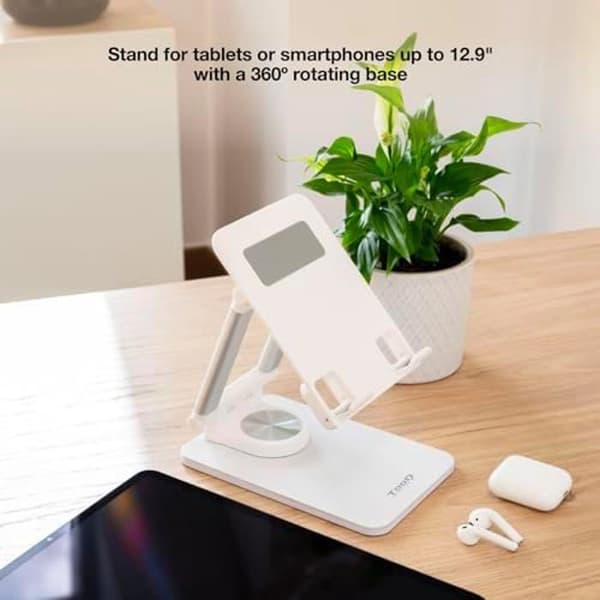 TOOQ PH-Hermes-Luna - Justerbar hållare för mobiltelefon eller surfplatta upp till 12,9", hopfällbar, 360° rotation, vit färg
