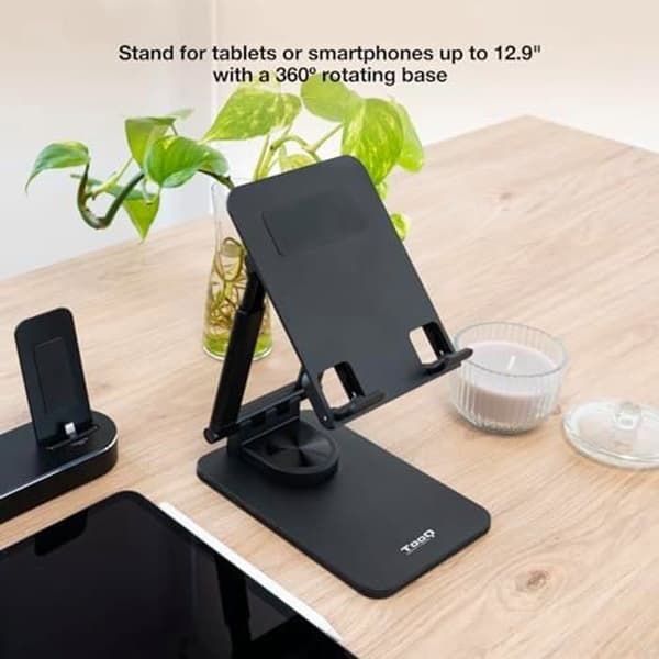 TOOQ PH-Hermes-Halley - Justerbar hållare för mobiltelefon eller surfplatta upp till 12,9", hopfällbar, 360° rotation, svart