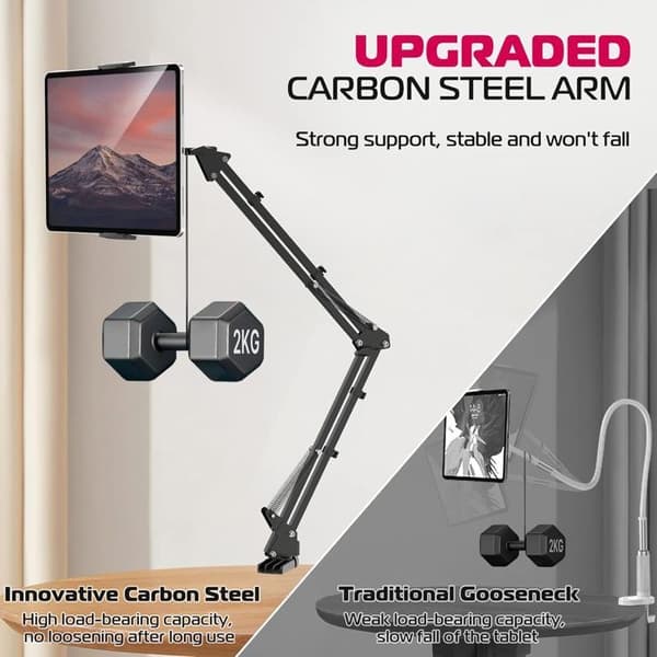 Sängplattahållare - 360° vridbar aluminiumstativ - Svart, aluminiumarm - Tabletthållare för 4,6 till 12,9" enheter