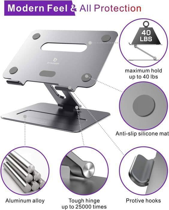 Support för bärbar dator Laptop-stativ brocoon Justerbart PC-stöd för MacBook Passar för 10 till 17 tum, Grå