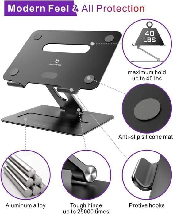 Stöd Laptop Ställ brocoon Justerbart PC Tabletställ för MacBook Passar för 10 till 17 Tum, Svart