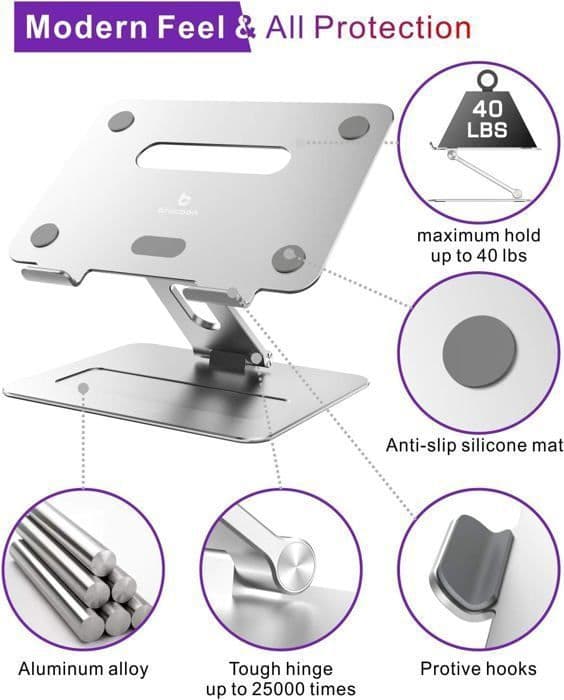 Stöd Laptop Ställ brocoon Justerbart PC Tabletstöd för MacBook Passar 10 till 17 Tum, Silver