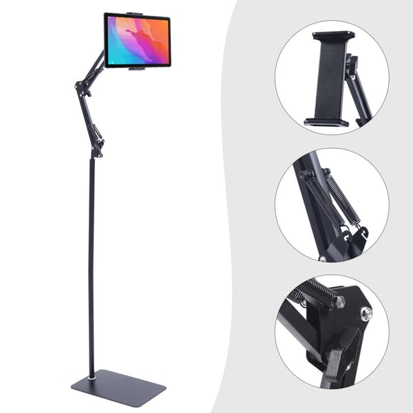 Justerbar tablet-holder, 360° rotation, højdejusterbar, stabil gulvstand.