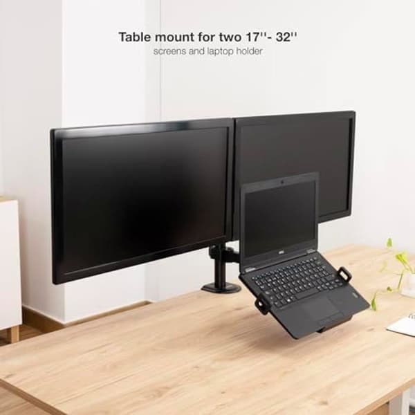 TOOQ DB1202TN-B - Bordsställ för 2 skärmar/skärmar 17"-32", med laptopfack 12"-17", höjd