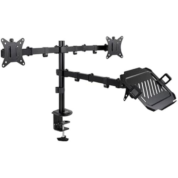 TOOQ DB1202TN-B - Bordsställ för 2 skärmar/skärmar 17"-32", med laptopfack 12"-17", höjd Svart