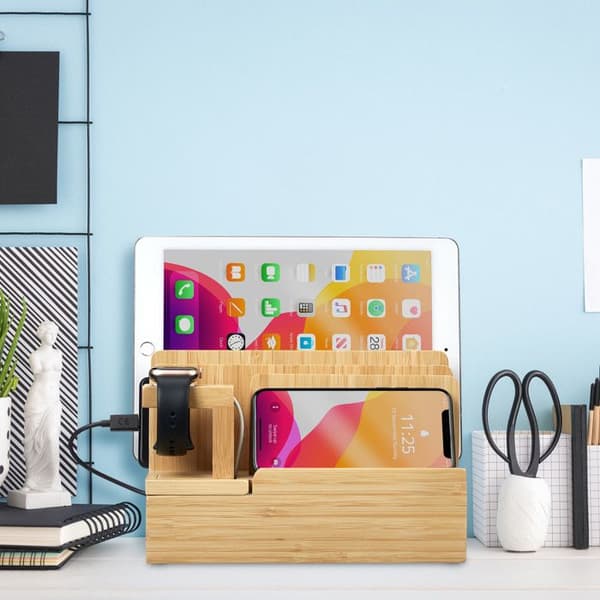 Relaxdays laddningsstation, smartklocka, bambu, HxLxB: 15 x 21,5 x 15 cm, stöd, för bord, natur