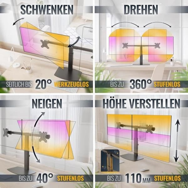 Stöd PC 2 Skärmar - RICOO - TS4111 - Vridbar - Lutningsbar - Justerbar höjd