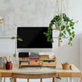 Miniatyrbild 6 av 6: Relaxdays datorskärmshållare i bambu, 2 lådor, förvaringsfack, datorhöjare, HLP 13x54x23 cm, naturlig