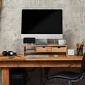 Miniatyrbild 2 av 6: Relaxdays datorskärmshållare i bambu, 2 lådor, förvaringsfack, datorhöjare, HLP 13x54x23 cm, naturlig