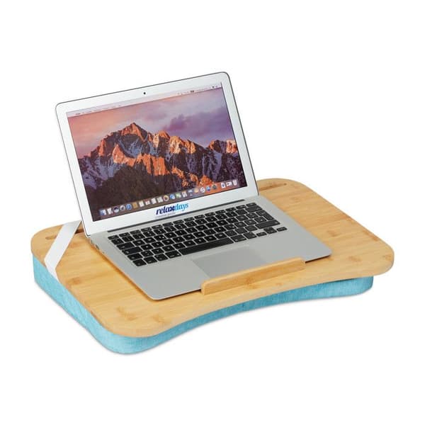 Relaxdays Laptopställ, bambu, kudde av memory foam, LxD 51x36 cm, säng, soffa, natur/blå