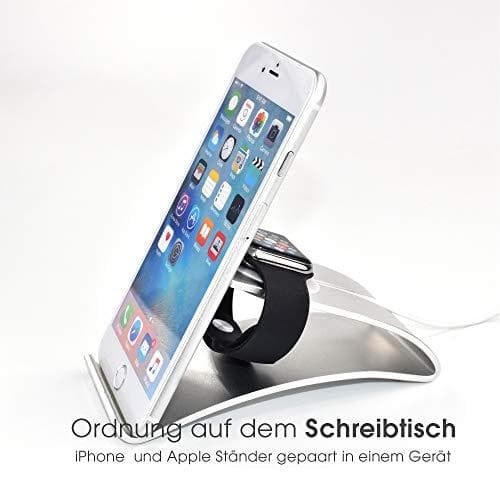 TERRATEC iTab Duo Silver, alumiinista valmistettu älypuhelin- ja Apple Watch -teline iPhonelle, Samsung Galaxylle ja muille