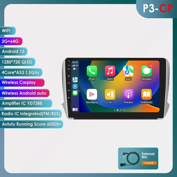 Bil Multimedia Afspiller, 4G LTE Forbindelse, Android 101 OS, P3CP (4Core 2G 64G)