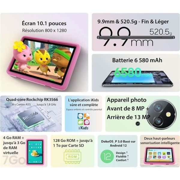 Blackview Tab 8 Kids Touch Tablet för barn 10,1" Android 12 7GB+128GB-SD 1TB 6580mAh Föräldrakontroll med barnklocka Z10 Pink