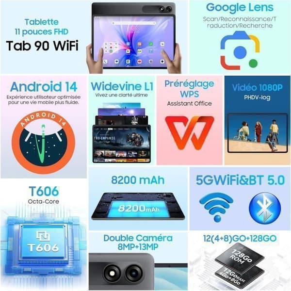 Blackview Tab 90 WiFi Touch Tablet 10,9" HD+ IPS Android 14 2,4G+5G WiFi, 12GB + 128GB-SD 2TB 8200mAh Grå med K1-tangentbord