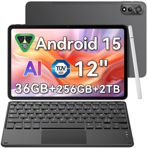 Blackview x Gemini AI 2.0 MEGA 2 WiFi Tablet 12" 90Hz, 36Go+256Go/SD 2 To, Android 15 WiFi 6, 9000mAh Grå Med K1 Tangentbord