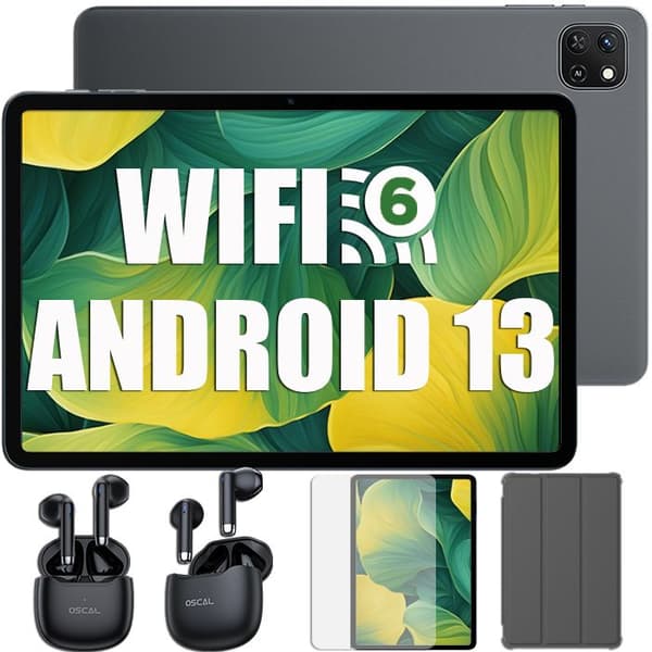 Oscal Pad 50 WiFi Touch Tablet 10,1 tum HD+ IPS Android 13 RAM 6 GB ROM 64 GB/SD 1 TB 5100mAh Grå Med Hibuds5 Svart