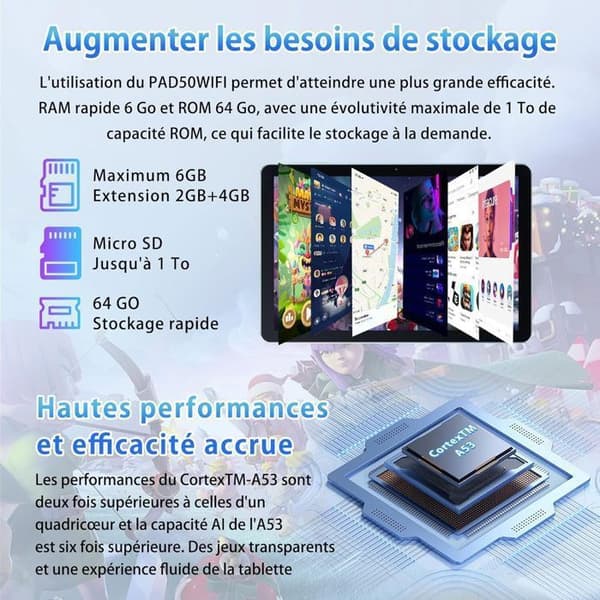 Oscal Pad 50 WiFi Touch Tablet 10,1" HD+ IPS Android 13 2,4G+5G WiFi 6, RAM 6GB ROM 64GB-SD 1TB 5100mAh Blå Med K1-tangentbord
