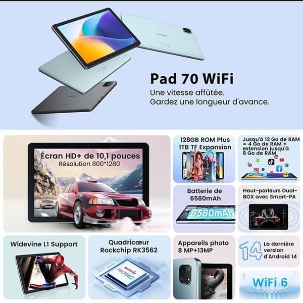 Oscal Pad 70 WiFi Touch Tablet 10,1" HD+ IPS Android 14 2,4G+5G WiFi 6, RAM 12GB ROM 128GB-SD 1TB 8MP+13MP 6580mAh - Blå