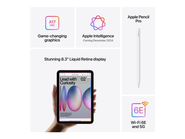 Apple iPad mini A17 Pro Wi-Fi + Cellular - Surfplatta - 128 GB - 8.3" IPS (2266 x 1488) - 3G, 4G, 5G - starlight