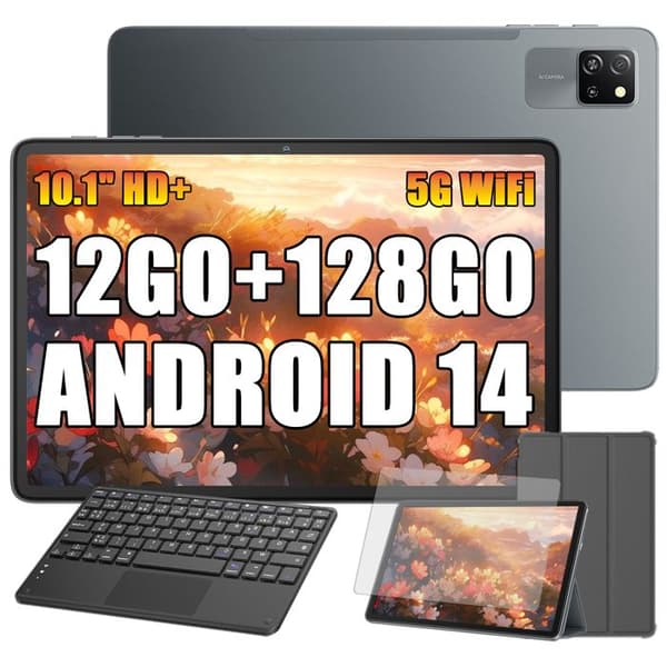 Blackview Tab 60 Pro Pekskärm 10.1" HD+ IPS Android 14,12Go+128Go/SD 1 To,5100mAh(10W) Wifi 5 Grå med K1 Tangentbord