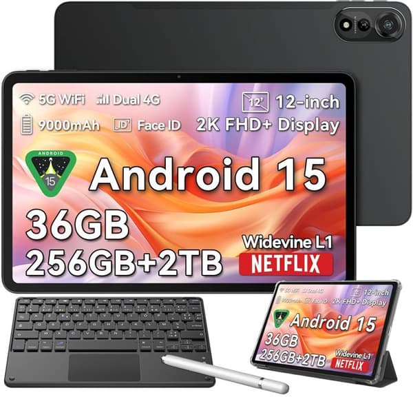 Blackview MEGA2 Touchscreen Tablet 11.97" Android 15 2.4G+5GHz Wifi, RAM 36 Go ROM 256 Go/SD 2 To 9000mAh Grå Med K1 Tangentbord