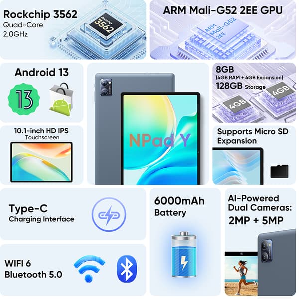 N-One NPad Y 10.1 Surfplatta, IPS-skärm, Android 13, 6000mAh Batteri,Tablet, EU
