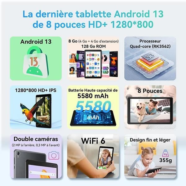 Blackview Tab 50 WiFi Touch Tablet 8 tum HD 8GB+128GB-SD 1TB 5580mAh WiFi 6 Tablet PC Android 13 - Grå