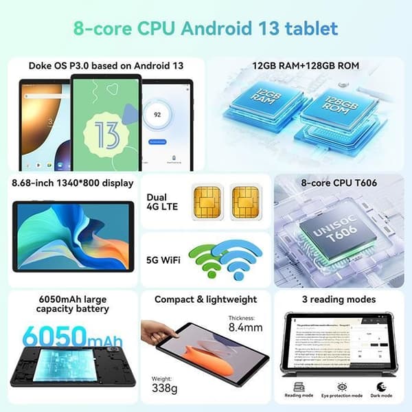 Blackview Tab 60 Touch Tablet 8,68" Android 13 12GB+128GB-SD 1TB 6050mAh 8MP+5MP PC Mode,5G WiFi,4G Dual SIM Tablet PC - Grå