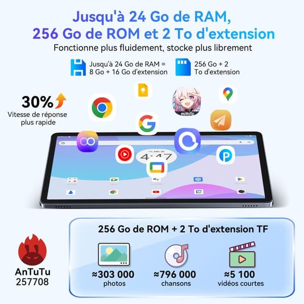 Tablett Tactile TABWEE W90 11" FHD, 1920*1200, RAM 24Go ROM 256Go-SD 2To, Kameror Al 8MP + 16MP, Android 15, 8000 mAh, WiFi 6