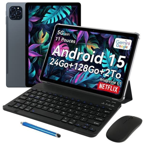 Tactilplatta TABWEE T90 med tangentbord, fodral, stylus, mus 11" FHD, RAM 24Go ROM 128Go-SD 2To, Android 15, 8000 mAh, Gemini AI.