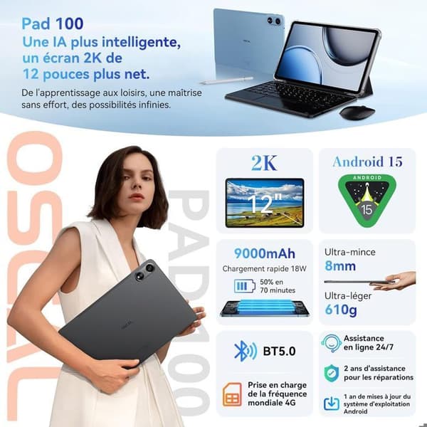 Oscal Pad 100 Surfplatta 12" Android 15 2.4G+5G Wifi RAM 36Go ROM 256Go/SD 2To 9000mAh 16+8MP Dual SIM Blå Med Tangentbord K1