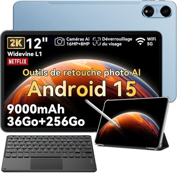 Oscal Pad 100 Surfplatta 12" Android 15 2.4G+5G Wifi RAM 36Go ROM 256Go/SD 2To 9000mAh 16+8MP Dual SIM Blå Med Tangentbord K1