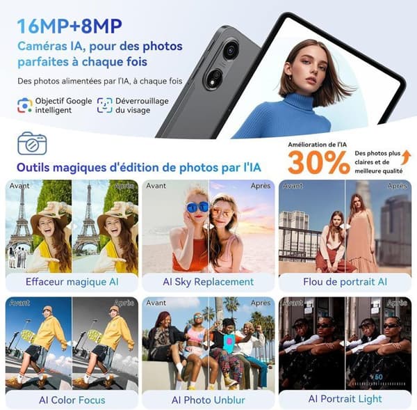 Oscal Pad 100 Touchscreen Tablet 12" Android 15 2.4G+5G Wifi RAM 36Go ROM 256Go/SD 2To 9000mAh 16MP+8MP Dual SIM, PC-läge WPS - Blå