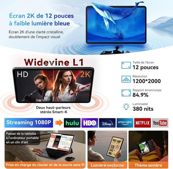 Oscal Pad 100 Touchscreen Tablet 12" Android 15 2.4G+5G Wifi RAM 36Go ROM 256Go/SD 2To 9000mAh 16MP+8MP Dual SIM, PC-läge WPS - Blå