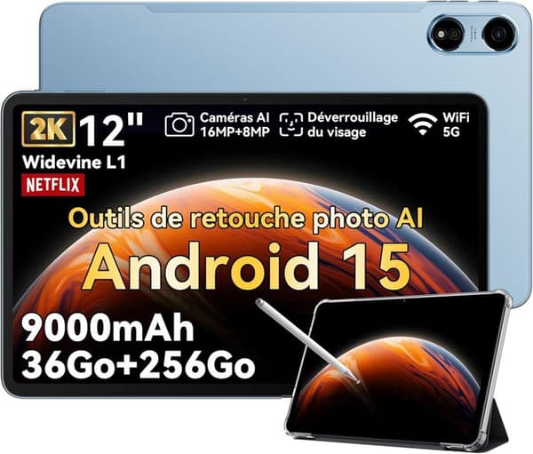 Oscal Pad 100 Touchscreen Tablet 12" Android 15 2.4G+5G Wifi RAM 36Go ROM 256Go/SD 2To 9000mAh 16MP+8MP Dual SIM, PC-läge WPS - Blå