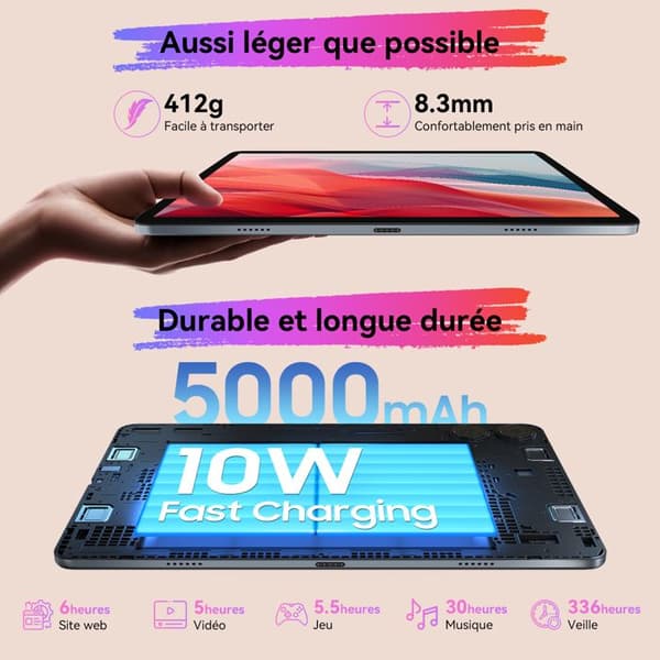 Taktile surfplatta TABWEE T20 10.1" RAM 24Go ROM 256Go-SD 2To, 5000 mAh, Android 15, IA Gemini 2.0, Med tangentbord, fodral, stylus, mus.