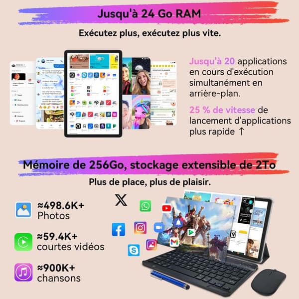 Taktile surfplatta TABWEE T20 10.1" RAM 24Go ROM 256Go-SD 2To, 5000 mAh, Android 15, IA Gemini 2.0, Med tangentbord, fodral, stylus, mus.