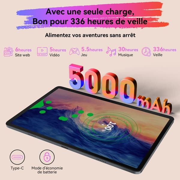 Taktile surfplatta TABWEE T20 10.1" RAM 24Go ROM 256Go-SD 2To, 5000 mAh, Android 15, IA Gemini 2.0, Med tangentbord, fodral, stylus, mus.