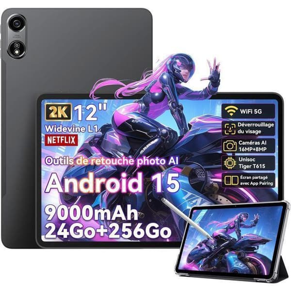 Oscal Pad 100 12" Taktile Tablet Android 15 2.4G+5G Wifi RAM 24Go ROM 256Go/SD 2To 9000mAh 16MP+8MP Dual SIM, PC-läge WPS - Grå