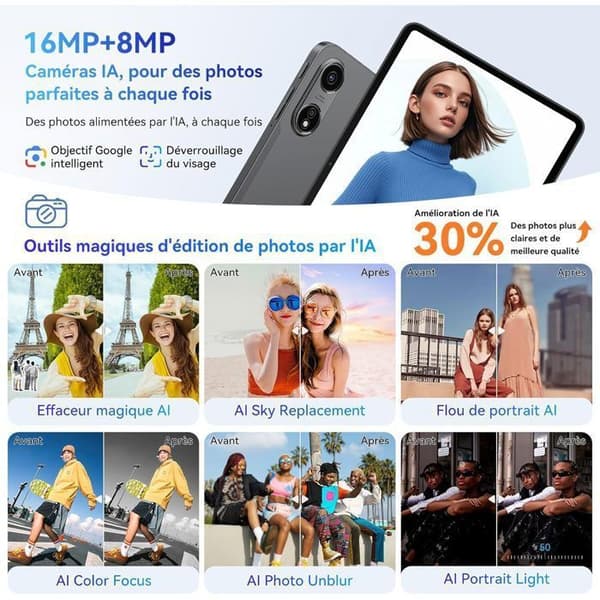 Oscal Pad 100 Pekskärm 12" Android 15 2.4G+5G Wifi RAM 24Go ROM 256Go/SD 2To 9000mAh 16+8MP Dual SIM Grå Med K1 Tangentbord