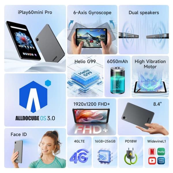Alldocube iPlay 60 mini Pro FHD+ Tablett - 8,4 Tum 8+256Go Helio G99 Processor Ansiktsigenkänning - Grå
