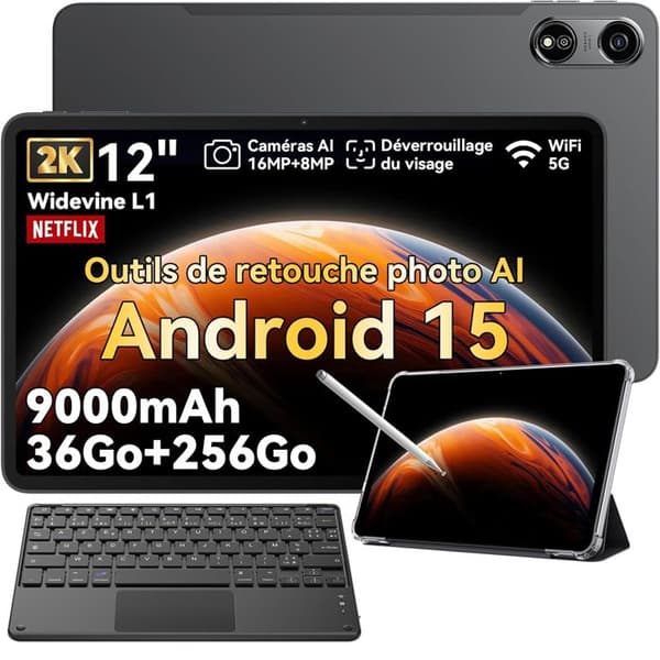 Oscal Pad 100 Touchscreen 12" Android 15 2.4G+5G Wifi RAM 36Go ROM 256Go/SD 2To 9000mAh 16+8MP Dual SIM Grå Med K1-Tangentbord