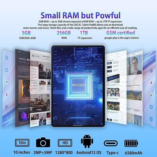 Oscal Pad 60 Pekskärmsplatta 10,1 tum HD+ Quad core Android 12 5GB+64GB-SD 1TB 6580mAh 2,4G WiFi Blå Med Tangentbord K1