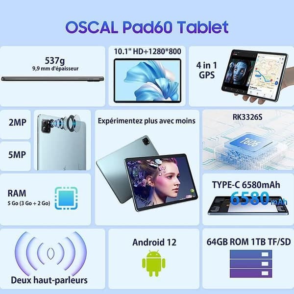 Oscal Pad 60 pekskärmsplatta 10,1 tum HD+ fyrkärnig Android 12 5GB+64GB-SD 1TB 6580mAh 2,4G WiFi - Blå