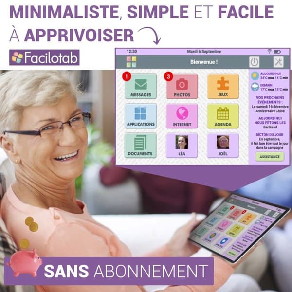 Facilotab L Ruby surfplatta - WiFi/4G - 64 GB - Android 11 - Fodral - Förenklad surfplatta för seniorer