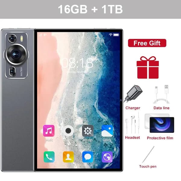 Tablet, 16GB RAM, 1TB lagring, 12 tum HD-skärm,Svart 16GB 1TB