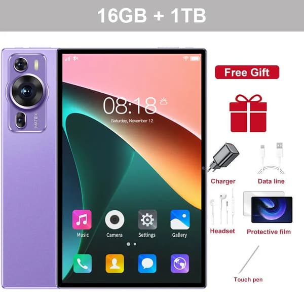 Tablet, 16GB RAM, 1TB lagring, 12 tum HD-skärm,Lila 16GB 1TB