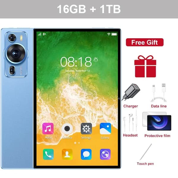 Tablet, 16GB RAM, 1TB lagring, 12 tum HD-skärm,Blå 16GB 1TB
