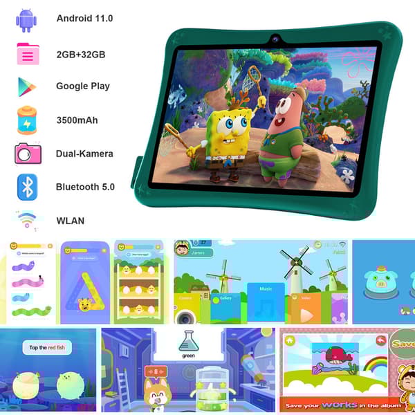 Green Kids Tablet, 7 tum, 2 GB RAM, 32 GB ROM, Android 11, HD Pekskärm med främre och bakre kameror