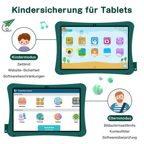 Green Kids Tablet, 7 tum, 2 GB RAM, 32 GB ROM, Android 11, HD Pekskärm med främre och bakre kameror